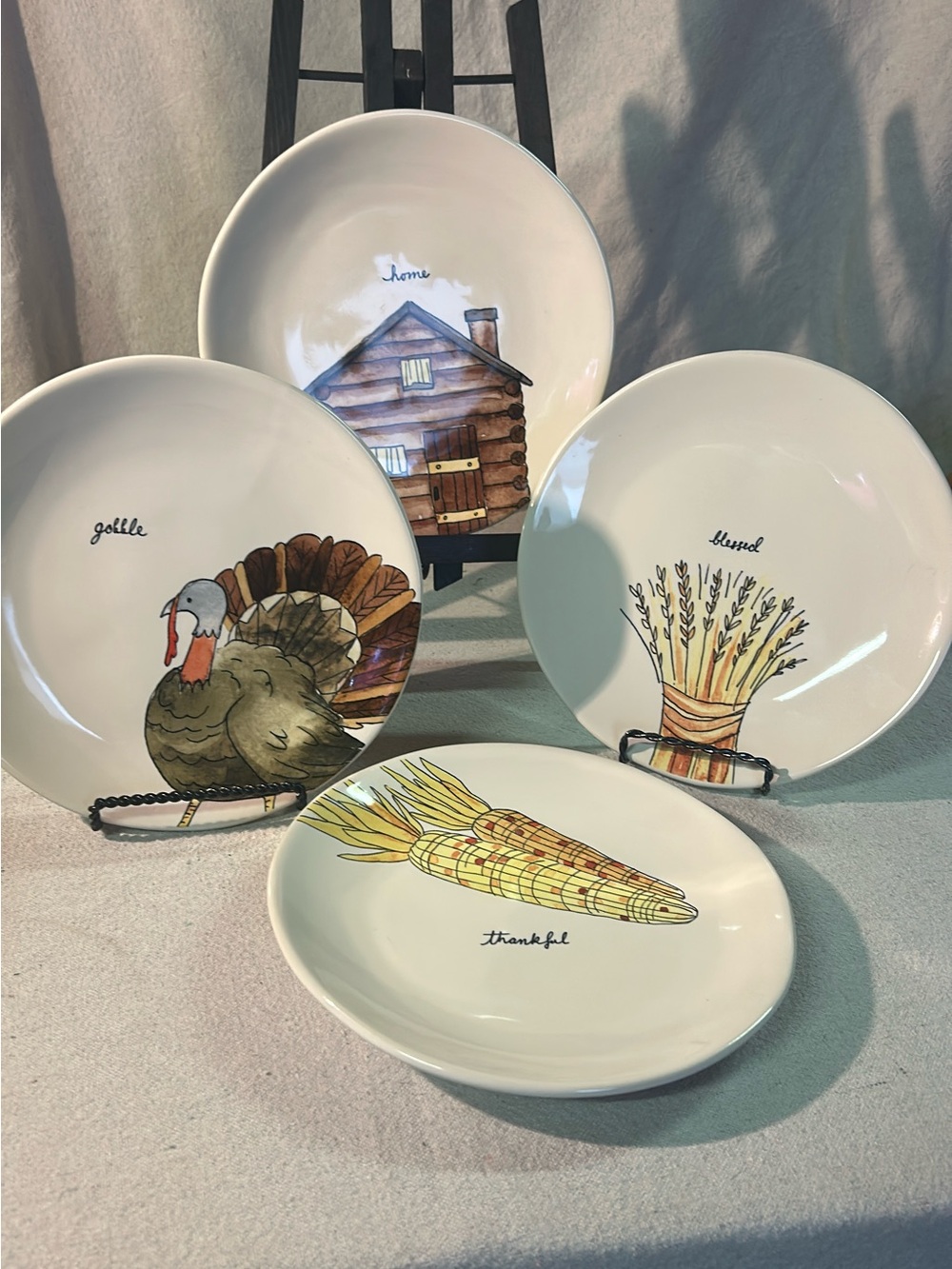 Rae Dunn Farmhouse Harvest Dinner Plates - White with Brown, Tan, Gold Accents